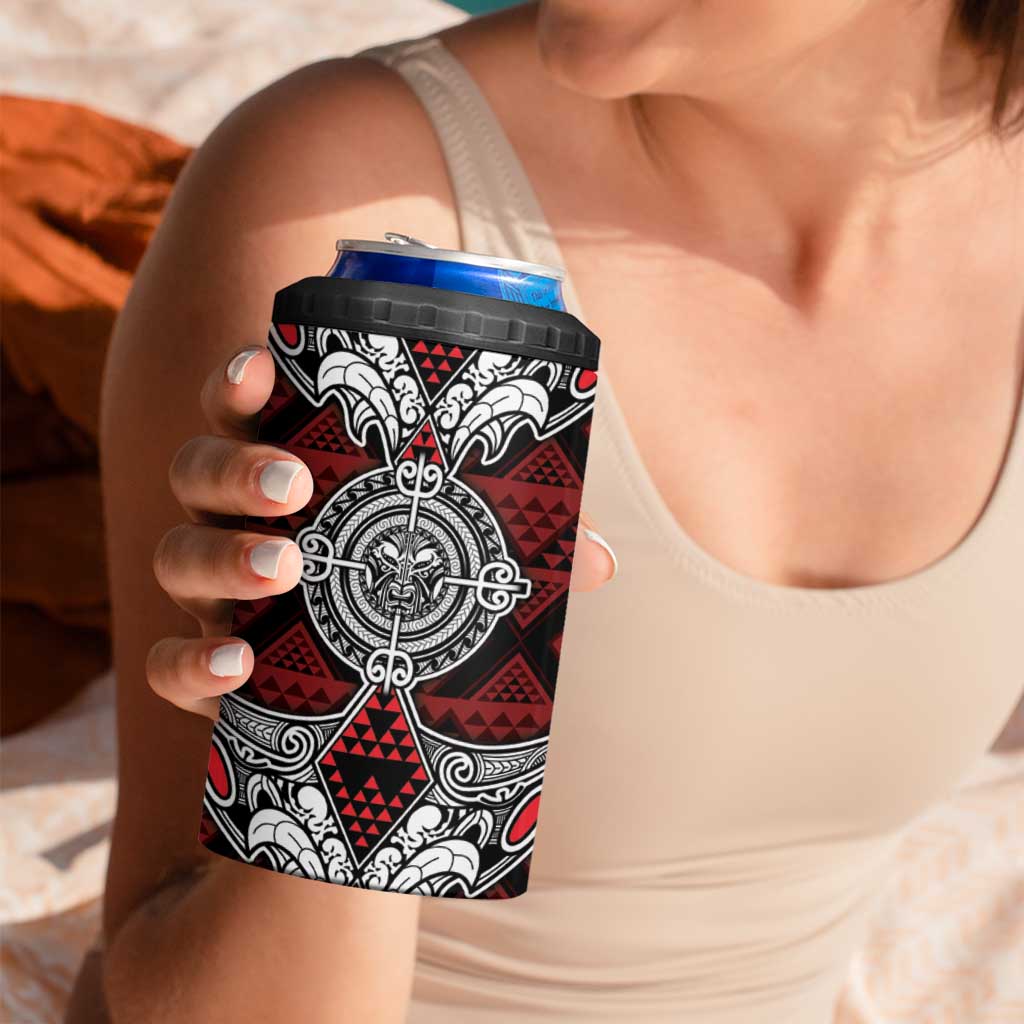 Red Aotearoa Taniko Motif 4 in 1 Can Cooler Tumbler Vintage Maori New Zealand Tribal Art Pattern