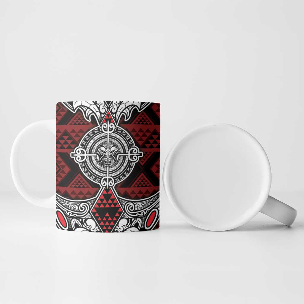 Red Aotearoa Taniko Motif Ceramic Mug Vintage Maori New Zealand Tribal Art Pattern - Polynesian Pride