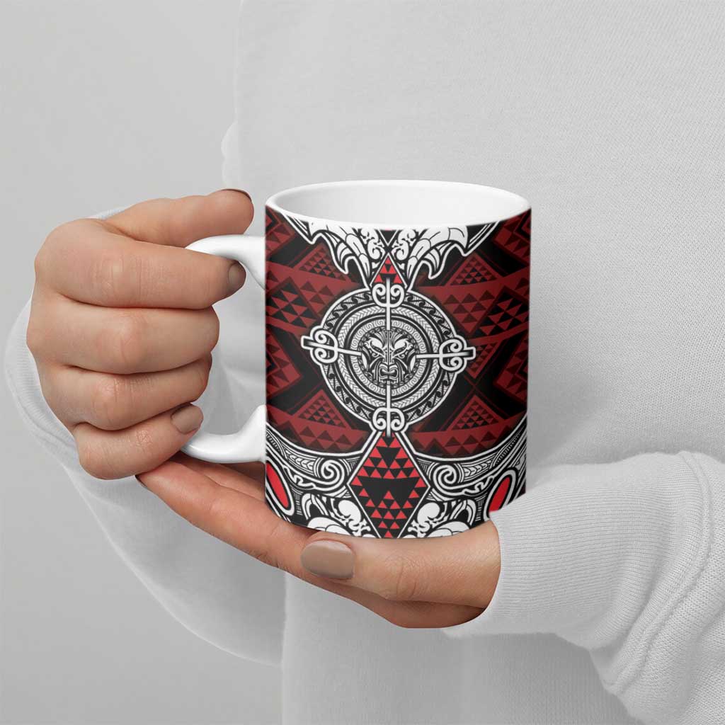 Red Aotearoa Taniko Motif Ceramic Mug Vintage Maori New Zealand Tribal Art Pattern - Polynesian Pride