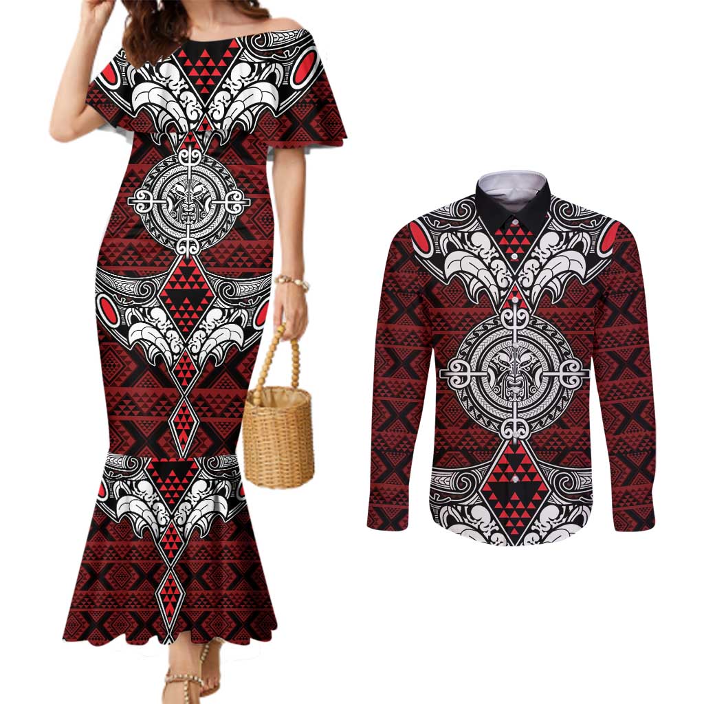 Red Aotearoa Tanilo Motif Couples Matching Mermaid Dress and Long Sleeve Button Shirt Vintage Maori New Zealand Tribal Art Pattern LT9 Red - Polynesian Pride