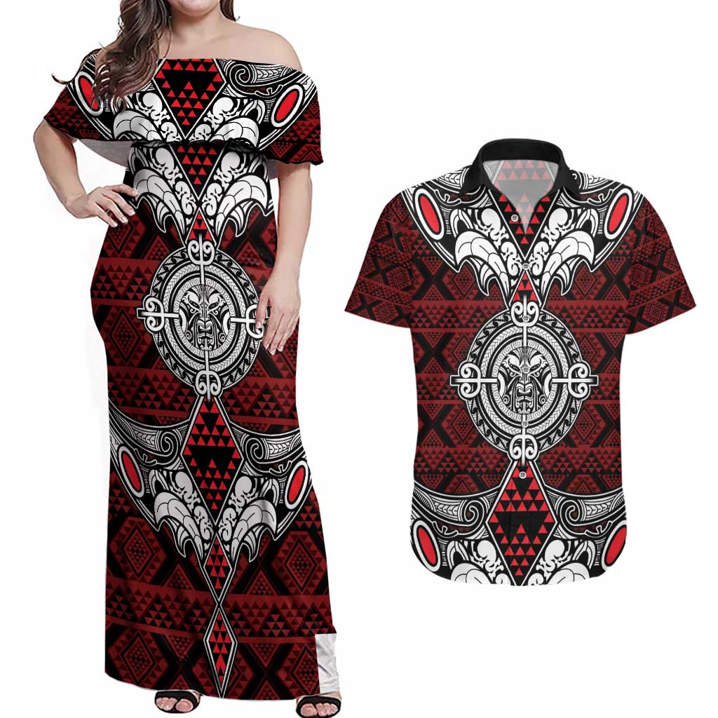 Red Aotearoa Tanilo Motif Couples Matching Off Shoulder Maxi Dress and Hawaiian Shirt Vintage Maori New Zealand Tribal Art Pattern