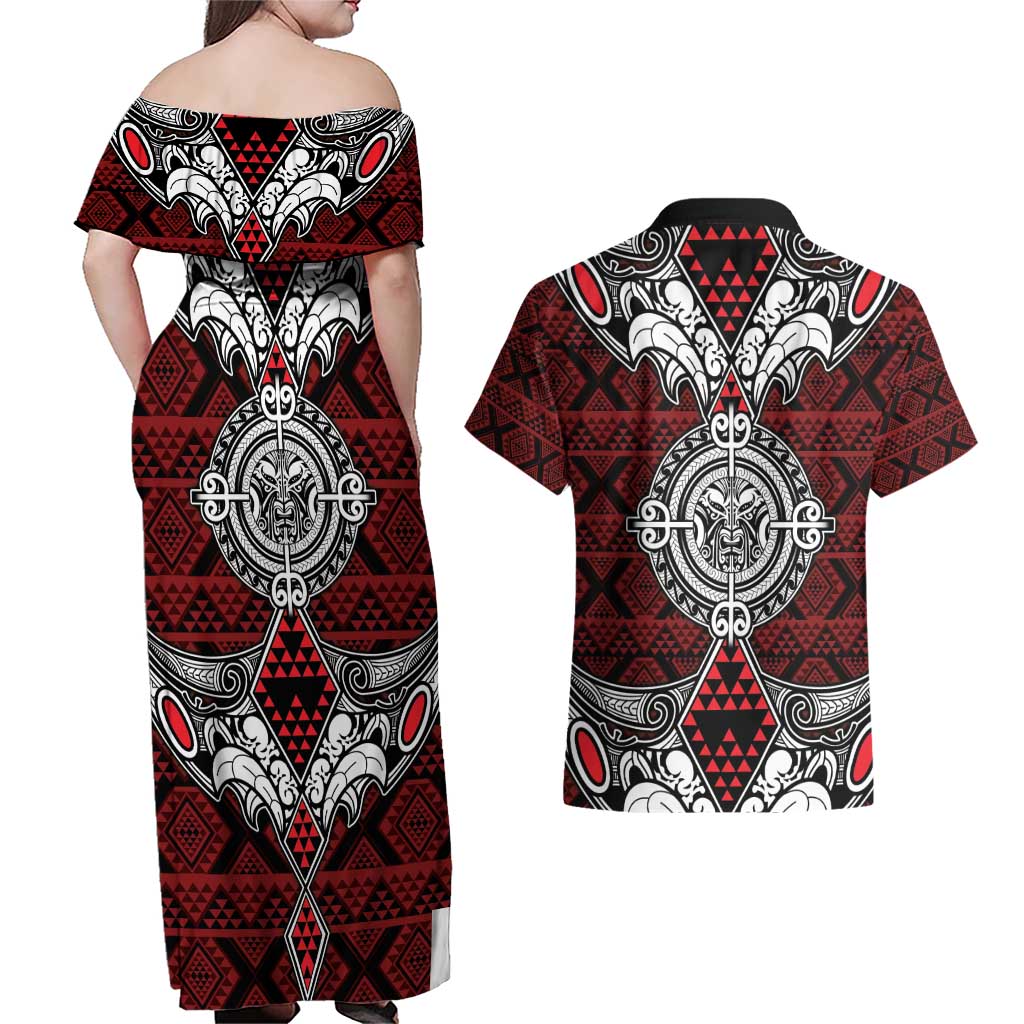 Red Aotearoa Tanilo Motif Couples Matching Off Shoulder Maxi Dress and Hawaiian Shirt Vintage Maori New Zealand Tribal Art Pattern