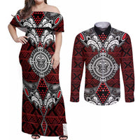 Red Aotearoa Tanilo Motif Couples Matching Off Shoulder Maxi Dress and Long Sleeve Button Shirt Vintage Maori New Zealand Tribal Art Pattern LT9 Red - Polynesian Pride