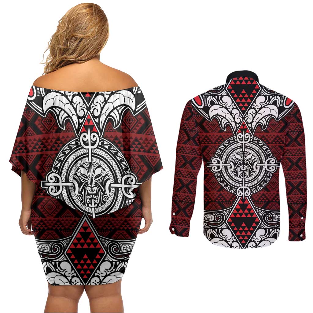 Red Aotearoa Tanilo Motif Couples Matching Off Shoulder Short Dress and Long Sleeve Button Shirt Vintage Maori New Zealand Tribal Art Pattern LT9 - Polynesian Pride