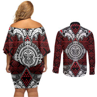 Red Aotearoa Tanilo Motif Couples Matching Off Shoulder Short Dress and Long Sleeve Button Shirt Vintage Maori New Zealand Tribal Art Pattern LT9 - Polynesian Pride