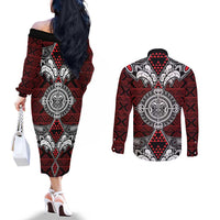 Red Aotearoa Tanilo Motif Couples Matching Off The Shoulder Long Sleeve Dress and Long Sleeve Button Shirt Vintage Maori New Zealand Tribal Art Pattern LT9 - Polynesian Pride
