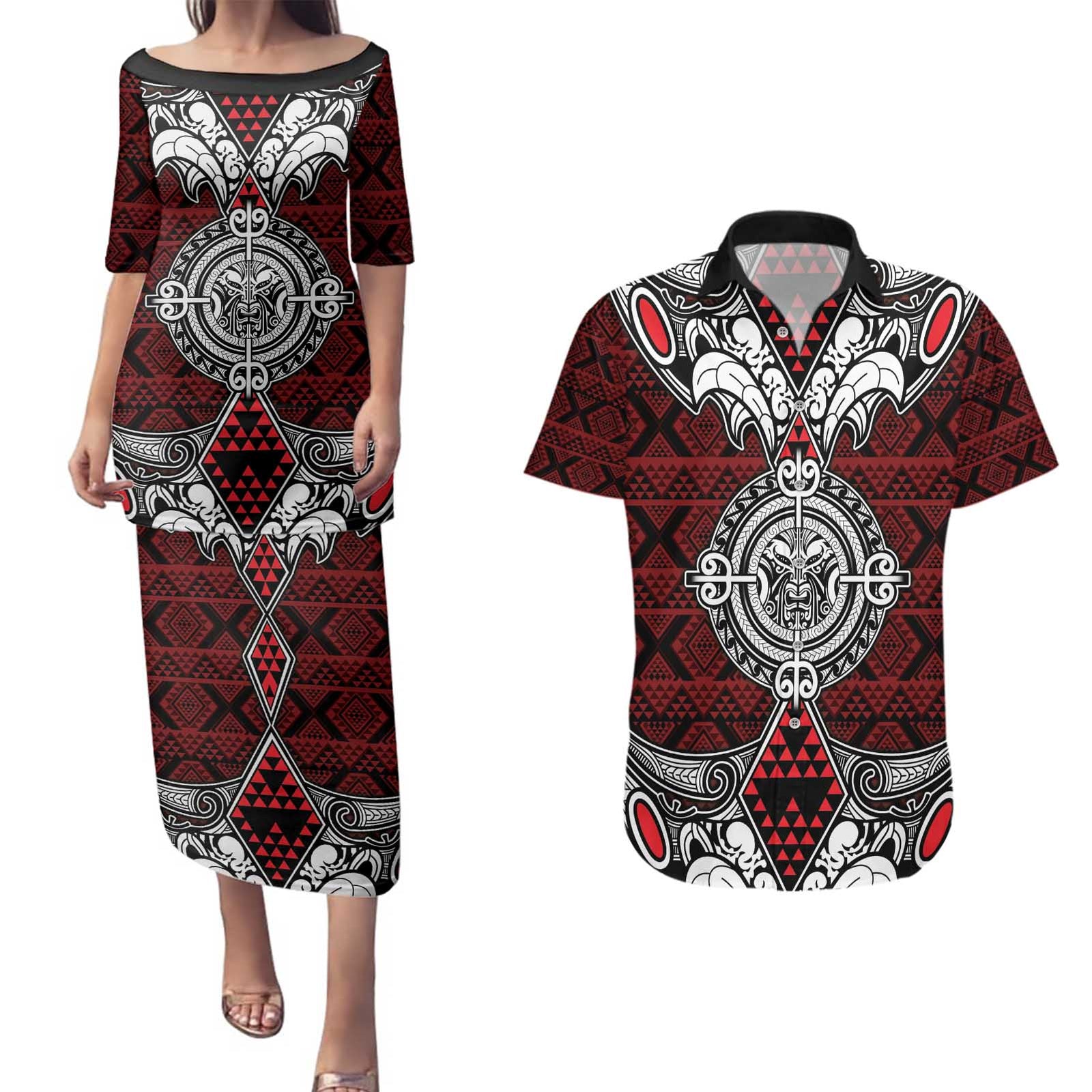 Red Aotearoa Tanilo Motif Couples Matching Puletasi and Hawaiian Shirt Vintage Maori New Zealand Tribal Art Pattern