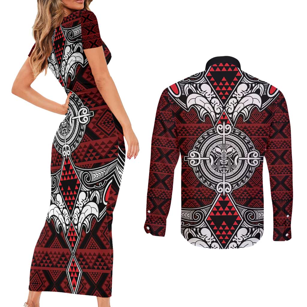 Red Aotearoa Tanilo Motif Couples Matching Short Sleeve Bodycon Dress and Long Sleeve Button Shirt Vintage Maori New Zealand Tribal Art Pattern LT9 - Polynesian Pride