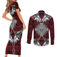Red Aotearoa Tanilo Motif Couples Matching Short Sleeve Bodycon Dress and Long Sleeve Button Shirt Vintage Maori New Zealand Tribal Art Pattern LT9 - Polynesian Pride
