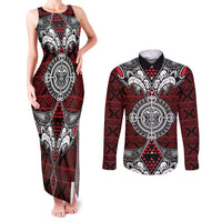 Red Aotearoa Tanilo Motif Couples Matching Tank Maxi Dress and Long Sleeve Button Shirt Vintage Maori New Zealand Tribal Art Pattern LT9 Red - Polynesian Pride
