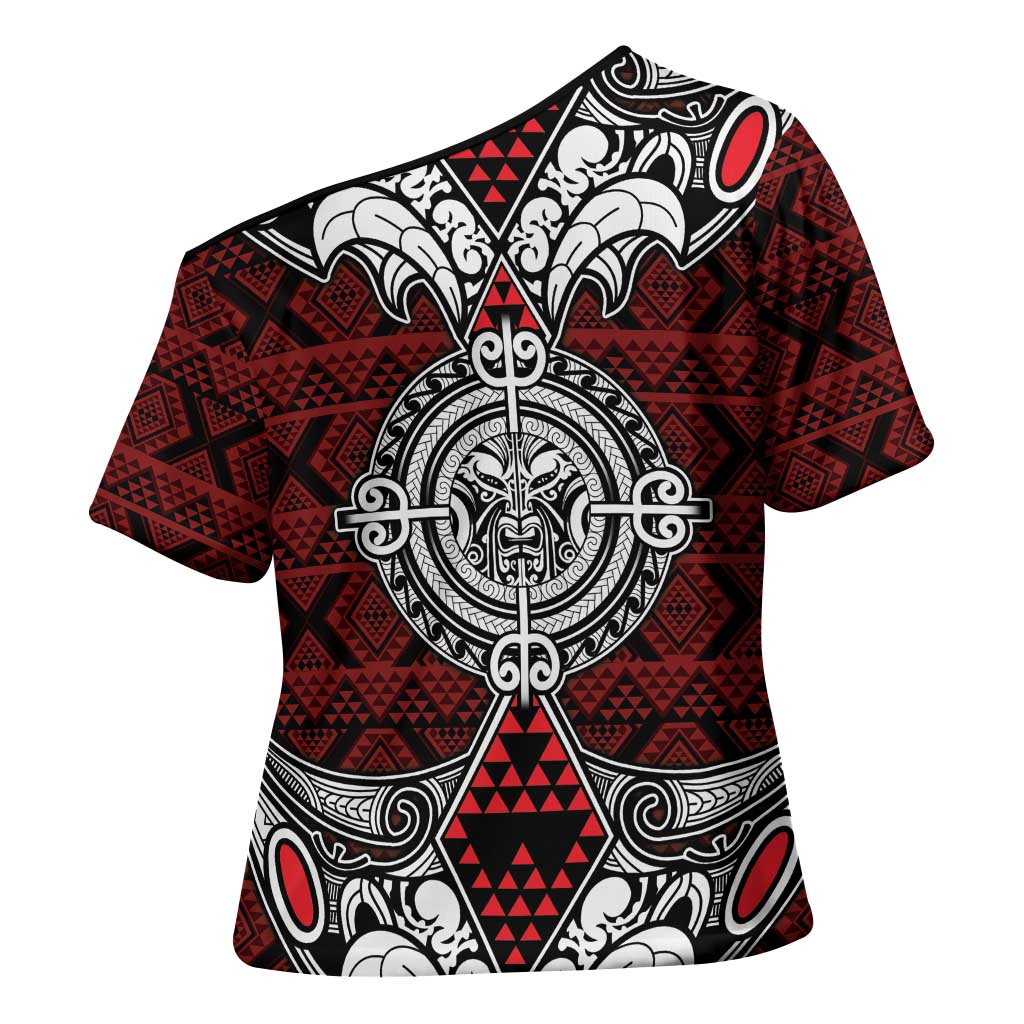 Red Aotearoa Taniko Motif Cross Shoulder Shirt Vintage Maori New Zealand Tribal Art Pattern LT9 - Polynesian Pride