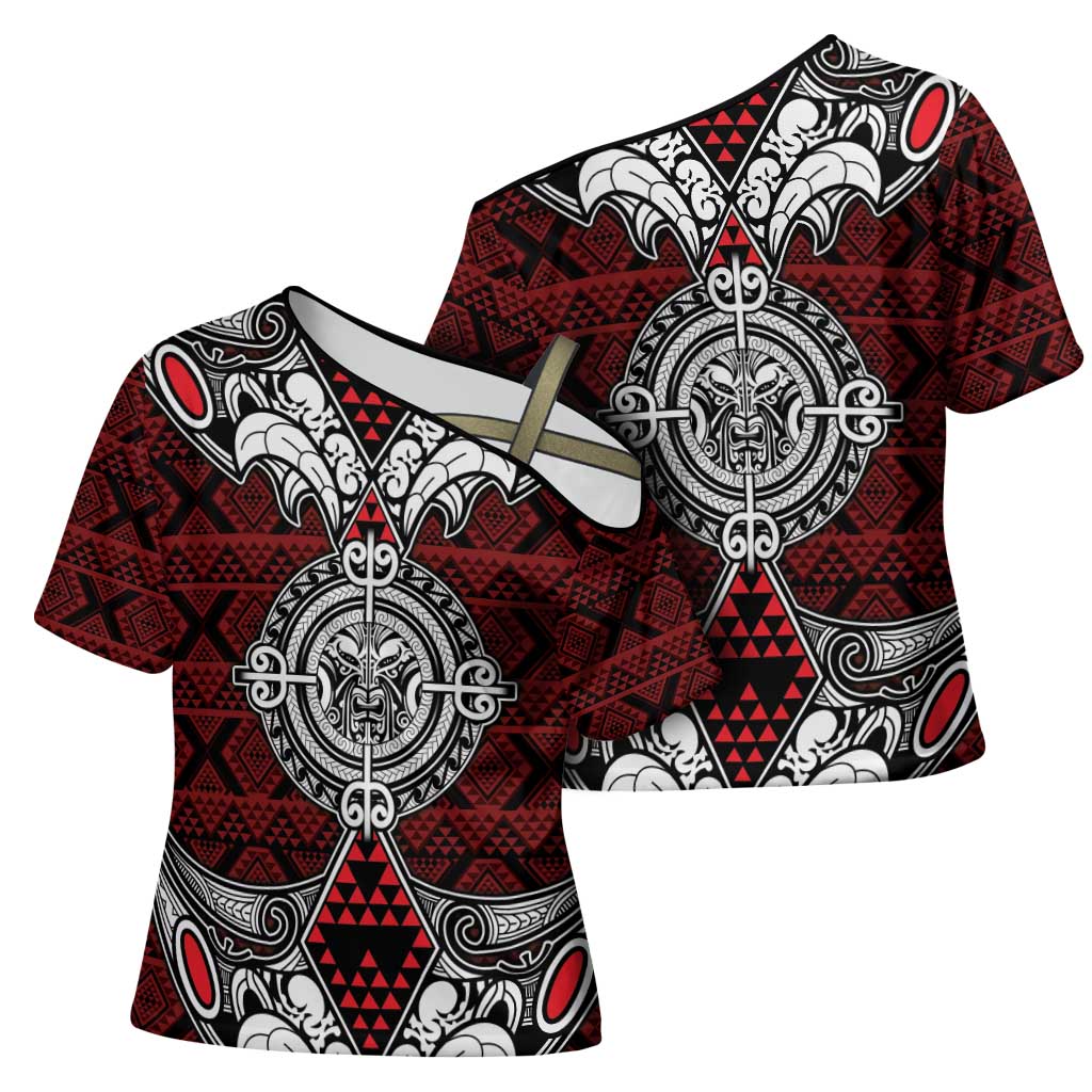 Red Aotearoa Taniko Motif Cross Shoulder Shirt Vintage Maori New Zealand Tribal Art Pattern LT9 - Polynesian Pride