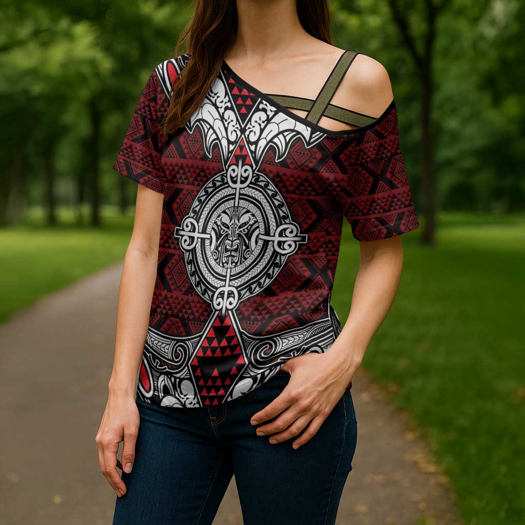Red Aotearoa Taniko Motif Cross Shoulder Shirt Vintage Maori New Zealand Tribal Art Pattern LT9 - Polynesian Pride