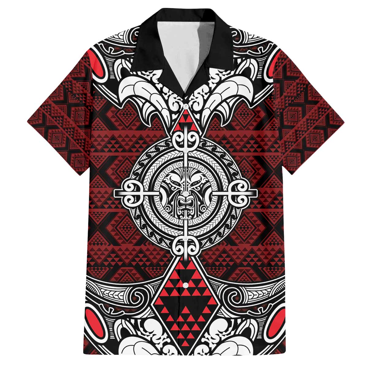 Red Aotearoa Tanilo Motif Family Matching Off The Shoulder Long Sleeve Dress and Hawaiian Shirt Vintage Maori New Zealand Tribal Art Pattern