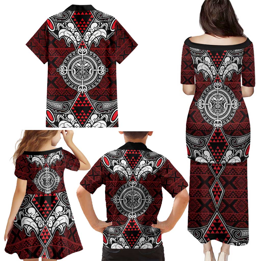 Red Aotearoa Tanilo Motif Family Matching Puletasi and Hawaiian Shirt Vintage Maori New Zealand Tribal Art Pattern