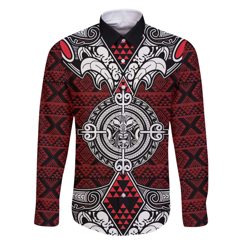 Red Aotearoa Tanilo Motif Family Matching Puletasi and Hawaiian Shirt Vintage Maori New Zealand Tribal Art Pattern