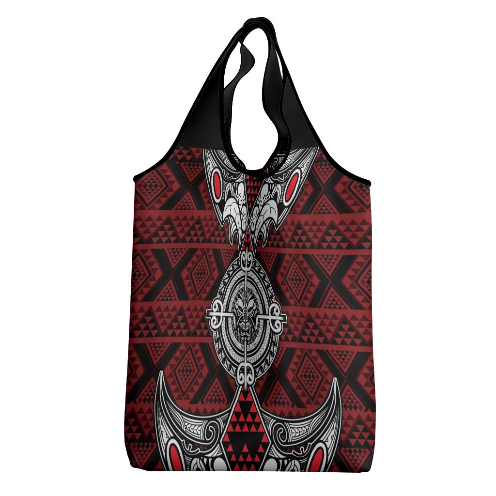 Red Aotearoa Taniko Motif Grocery Bag Vintage Maori New Zealand Tribal Art Pattern