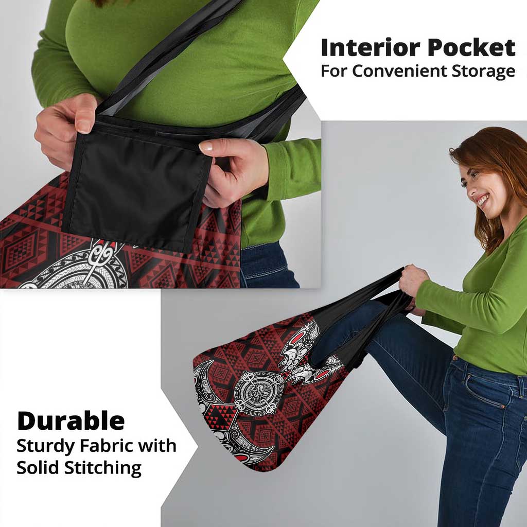 Red Aotearoa Taniko Motif Grocery Bag Vintage Maori New Zealand Tribal Art Pattern