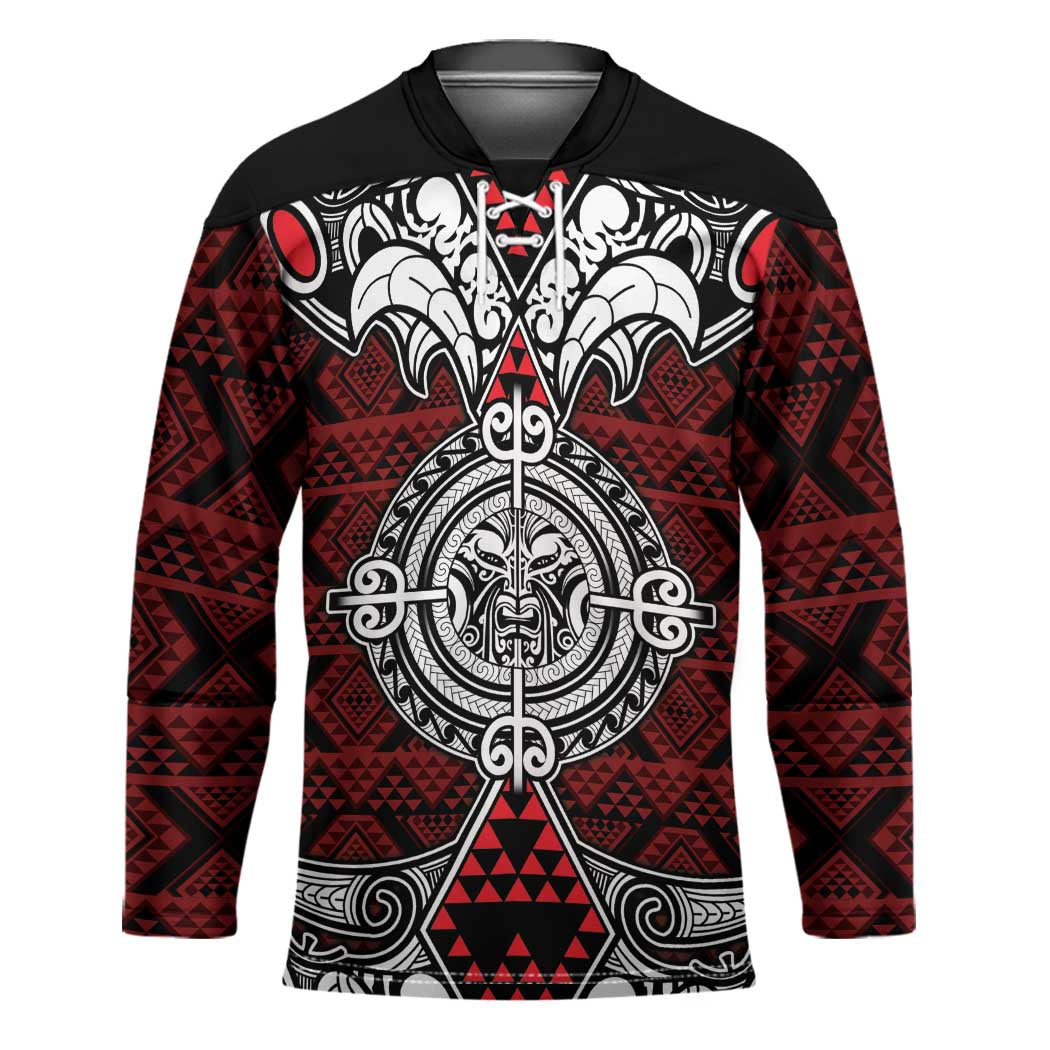 Red Aotearoa Taniko Motif Hockey Jersey Vintage Maori New Zealand Tribal Art Pattern LT9 Unisex Red - Polynesian Pride