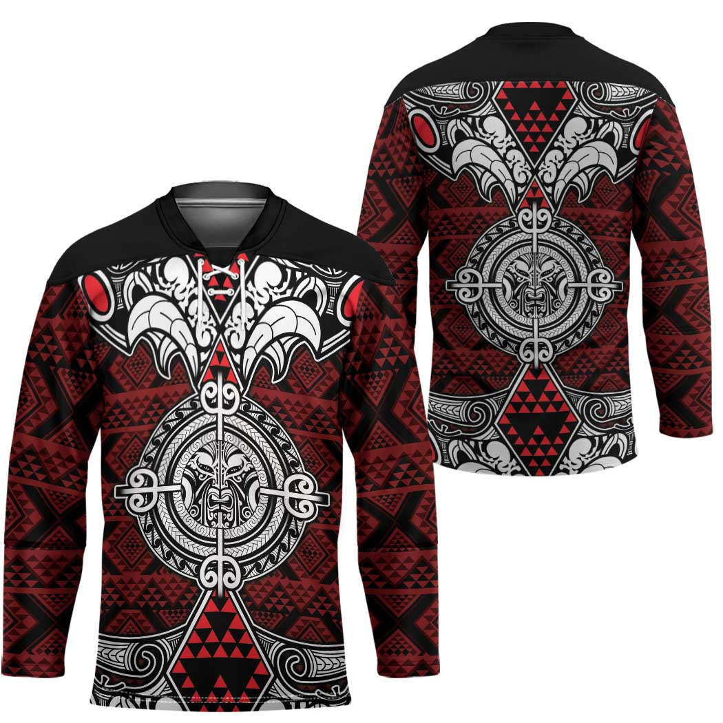 Red Aotearoa Taniko Motif Hockey Jersey Vintage Maori New Zealand Tribal Art Pattern LT9 - Polynesian Pride