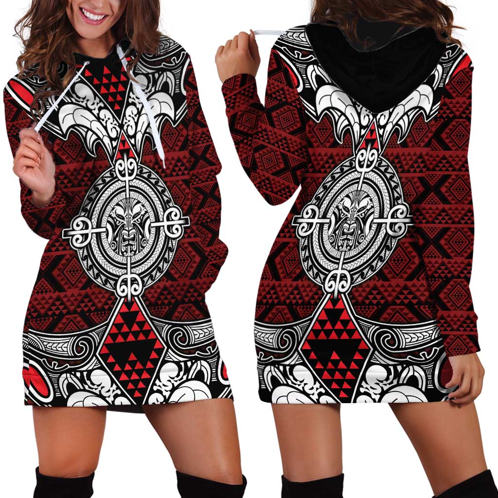 Red Aotearoa Tanilo Motif Hoodie Dress Vintage Maori New Zealand Tribal Art Pattern