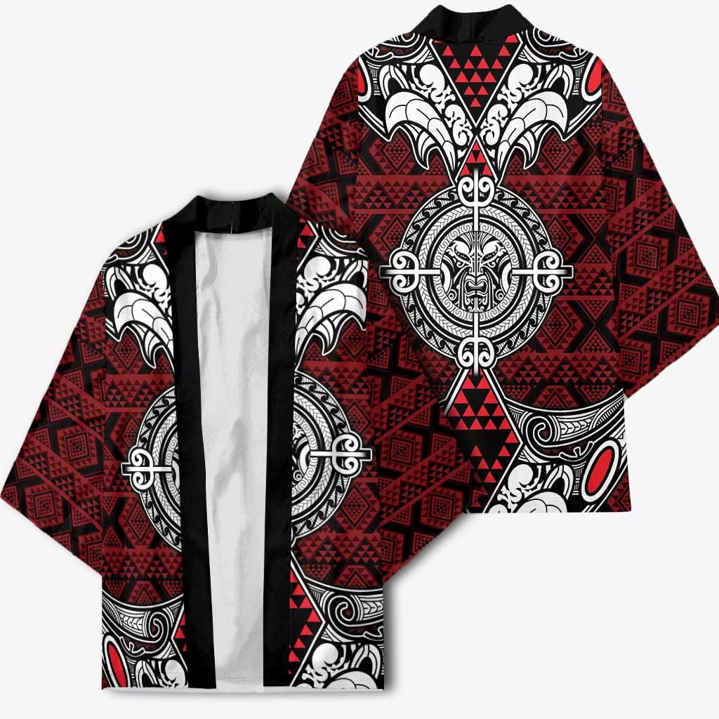 Red Aotearoa Taniko Motif Kimono Vintage Maori New Zealand Tribal Art Pattern - Polynesian Pride