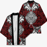 Red Aotearoa Taniko Motif Kimono Vintage Maori New Zealand Tribal Art Pattern - Polynesian Pride