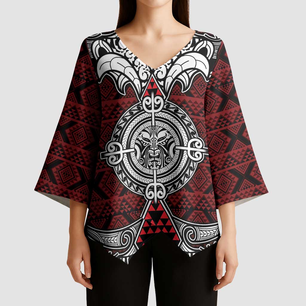 Red Aotearoa Taniko Motif Kimono Sleeve Blouse Vintage Maori New Zealand Tribal Art Pattern - Polynesian Pride
