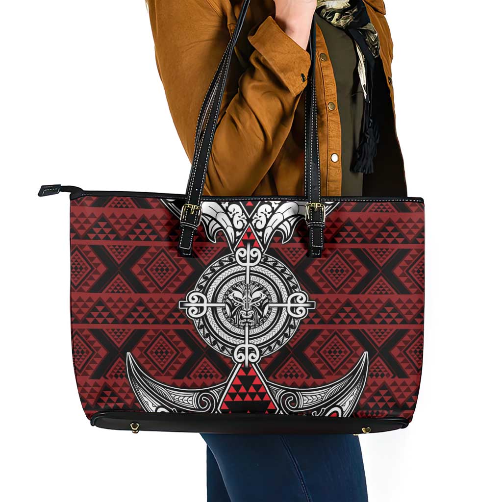 Red Aotearoa Taniko Motif Leather Tote Bag Vintage Maori New Zealand Tribal Art Pattern