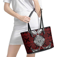 Red Aotearoa Taniko Motif Leather Tote Bag Vintage Maori New Zealand Tribal Art Pattern