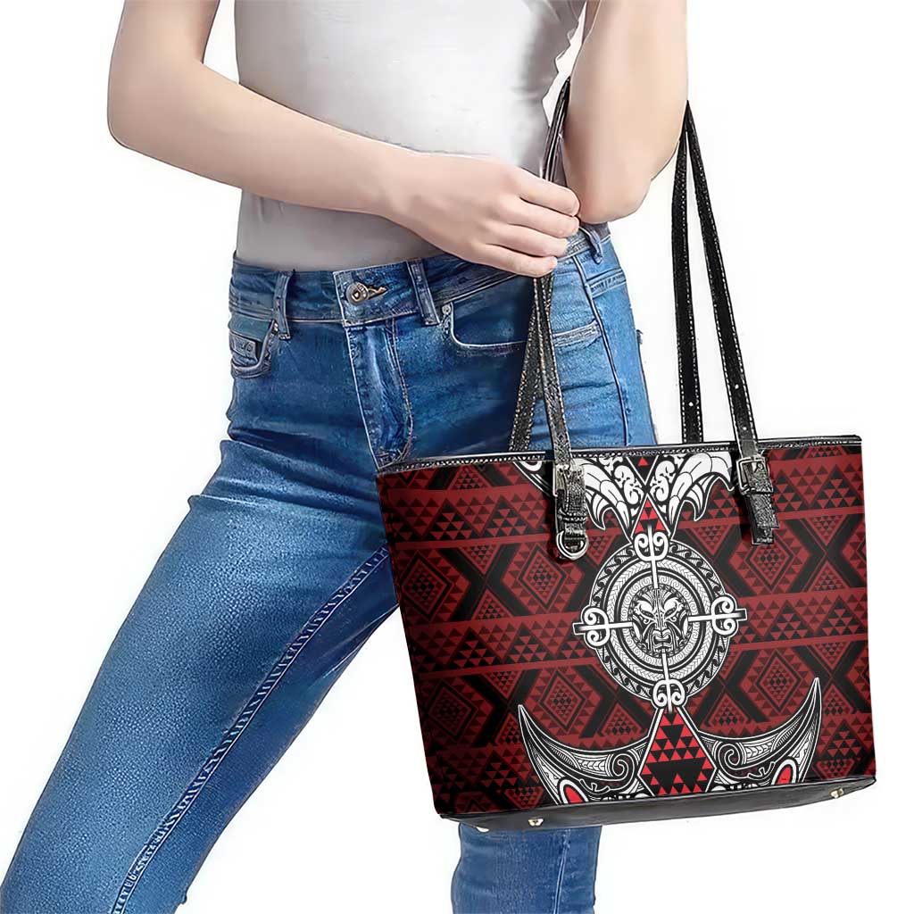 Red Aotearoa Taniko Motif Leather Tote Bag Vintage Maori New Zealand Tribal Art Pattern