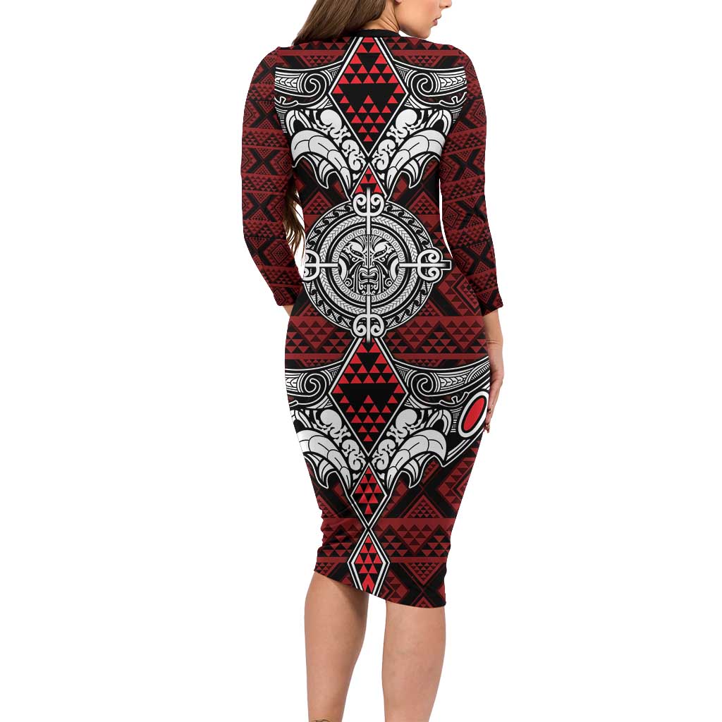 Red Aotearoa Tanilo Motif Long Sleeve Bodycon Dress Vintage Maori New Zealand Tribal Art Pattern