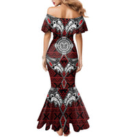 Red Aotearoa Tanilo Motif Mermaid Dress Vintage Maori New Zealand Tribal Art Pattern