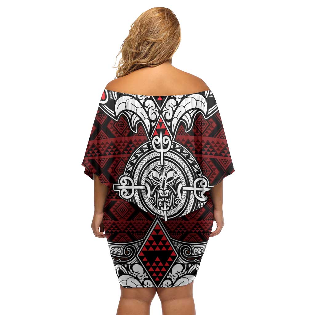 Red Aotearoa Tanilo Motif Off Shoulder Short Dress Vintage Maori New Zealand Tribal Art Pattern