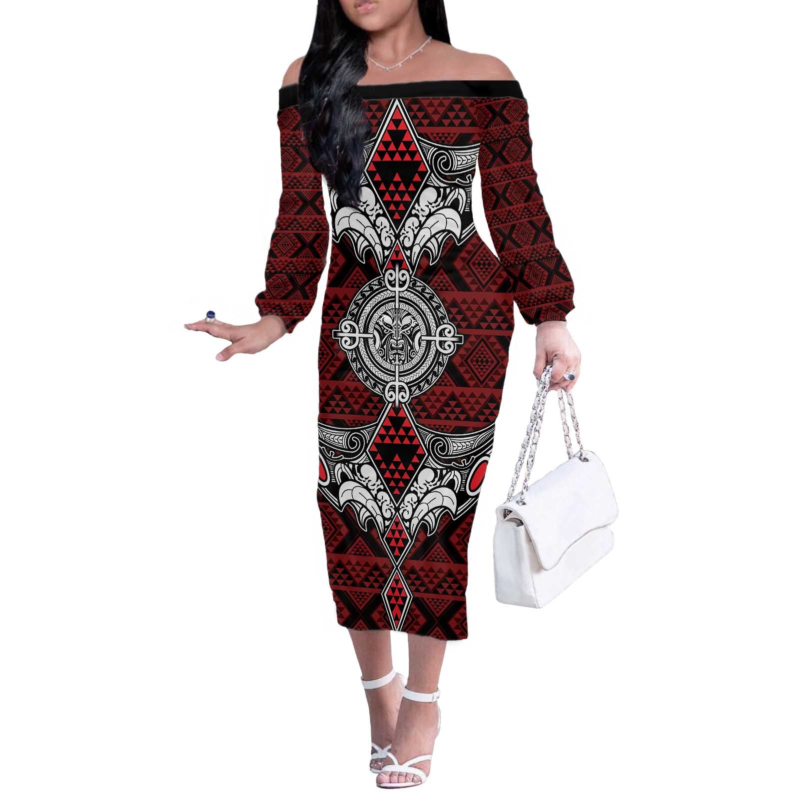 Red Aotearoa Tanilo Motif Off The Shoulder Long Sleeve Dress Vintage Maori New Zealand Tribal Art Pattern
