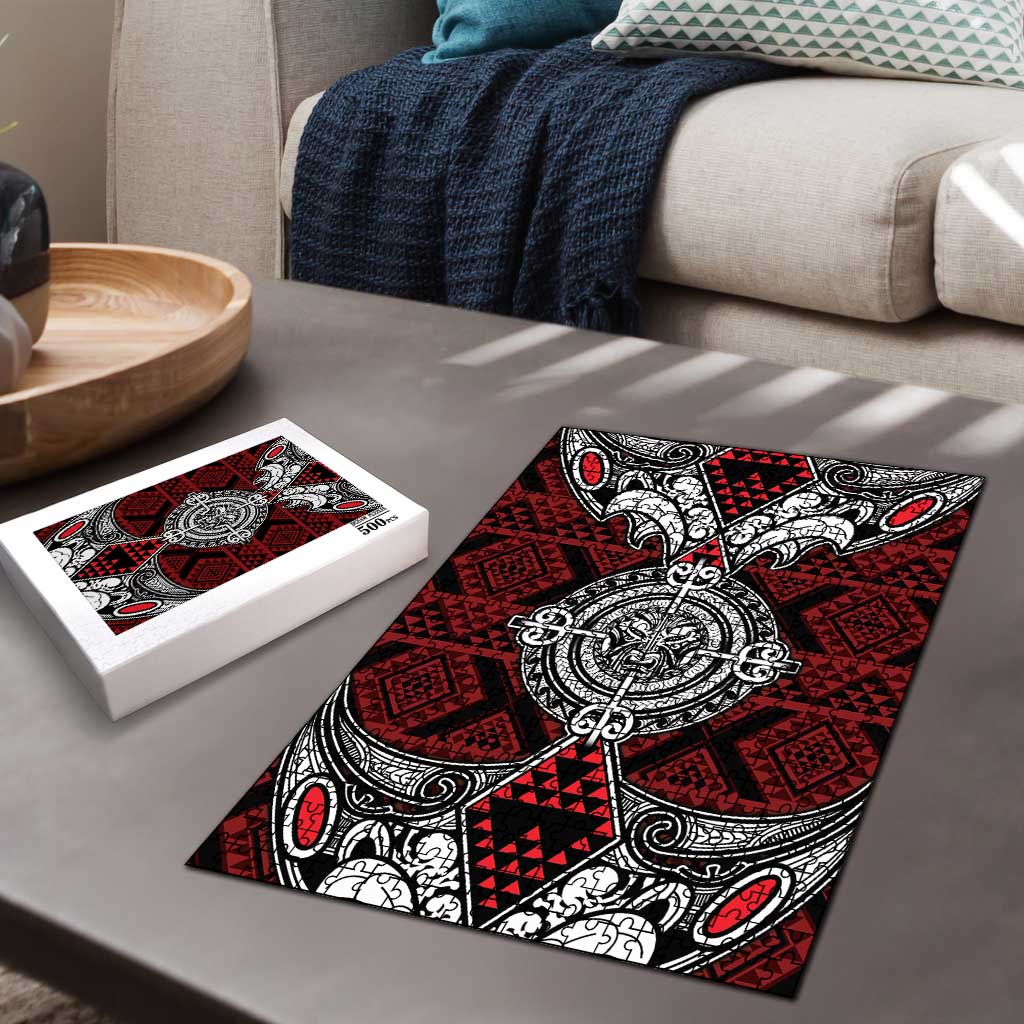 Red Aotearoa Taniko Motif Puzzle Vintage Maori New Zealand Tribal Art Pattern - Polynesian Pride
