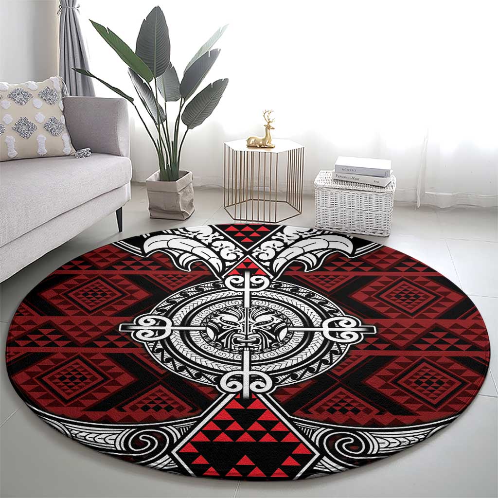 Red Aotearoa Taniko Motif Round Carpet Vintage Maori New Zealand Tribal Art Pattern
