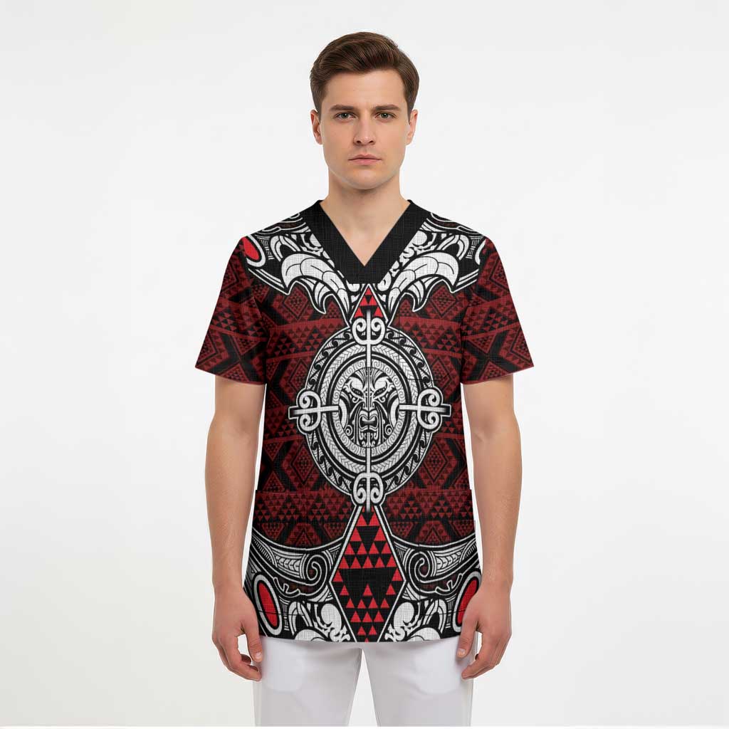 Red Aotearoa Taniko Motif Scrub Top Vintage Maori New Zealand Tribal Art Pattern - Polynesian Pride