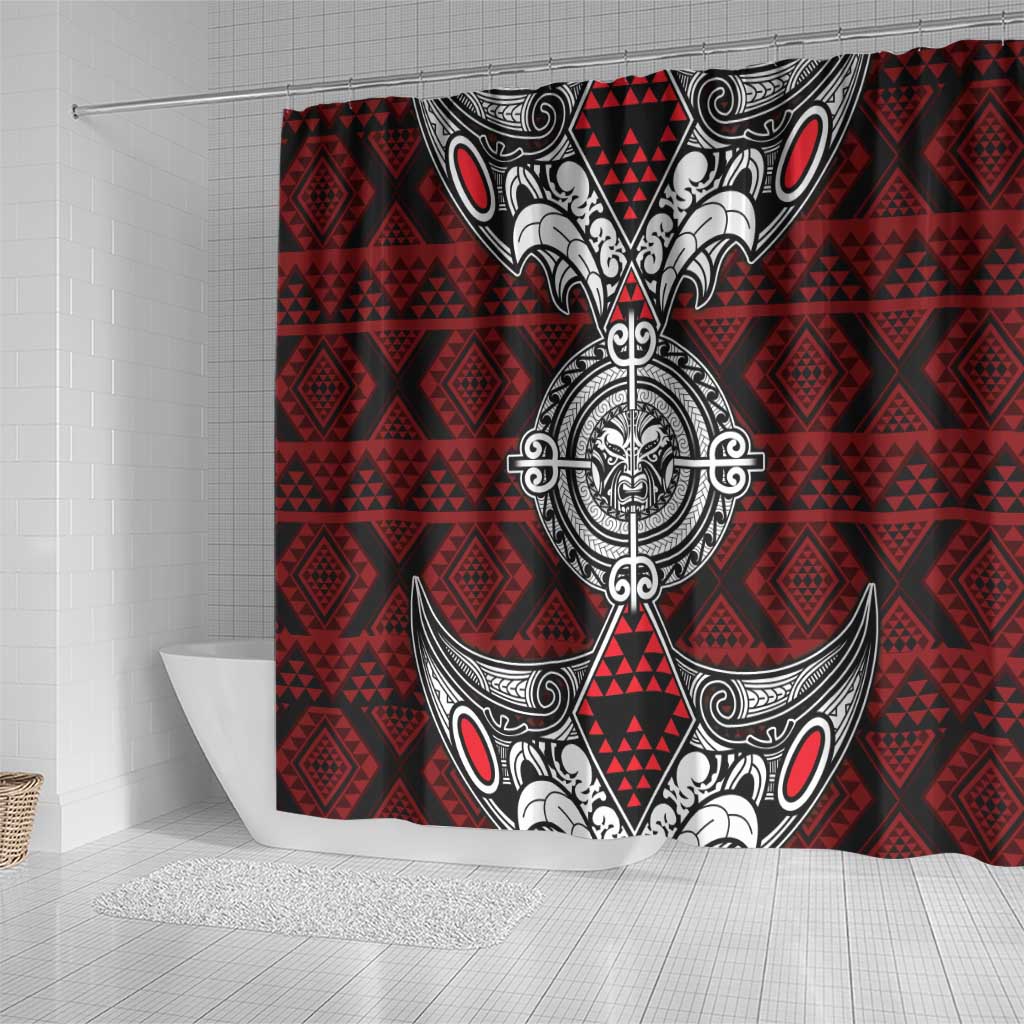 Red Aotearoa Taniko Motif Shower Curtain Vintage Maori New Zealand Tribal Art Pattern