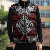 Red Aotearoa Taniko Motif Sleeveless Puffer Jacket Vintage Maori New Zealand Tribal Art Pattern - Polynesian Pride