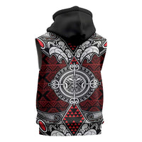 Red Aotearoa Taniko Motif Sleeveless Zip Hoodie Vintage Maori New Zealand Tribal Art Pattern - Polynesian Pride