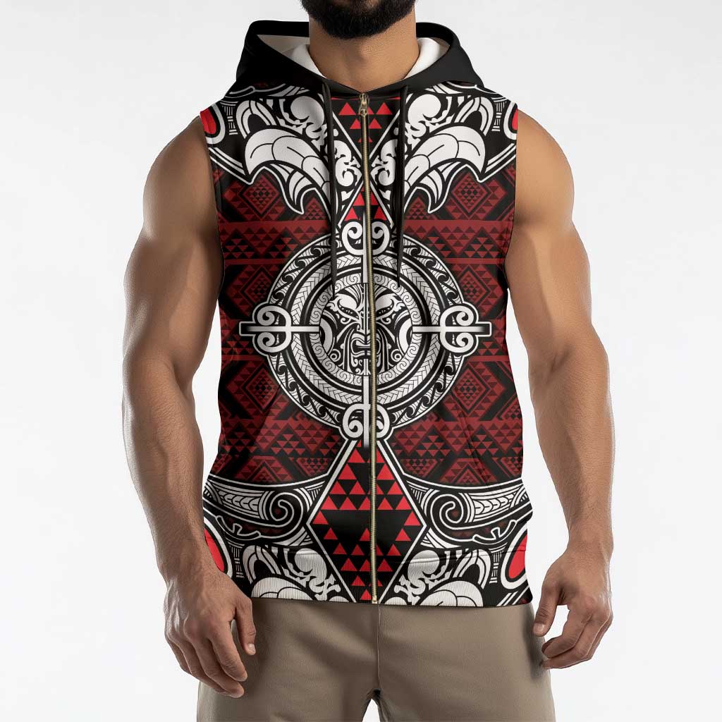 Red Aotearoa Taniko Motif Sleeveless Zip Hoodie Vintage Maori New Zealand Tribal Art Pattern - Polynesian Pride