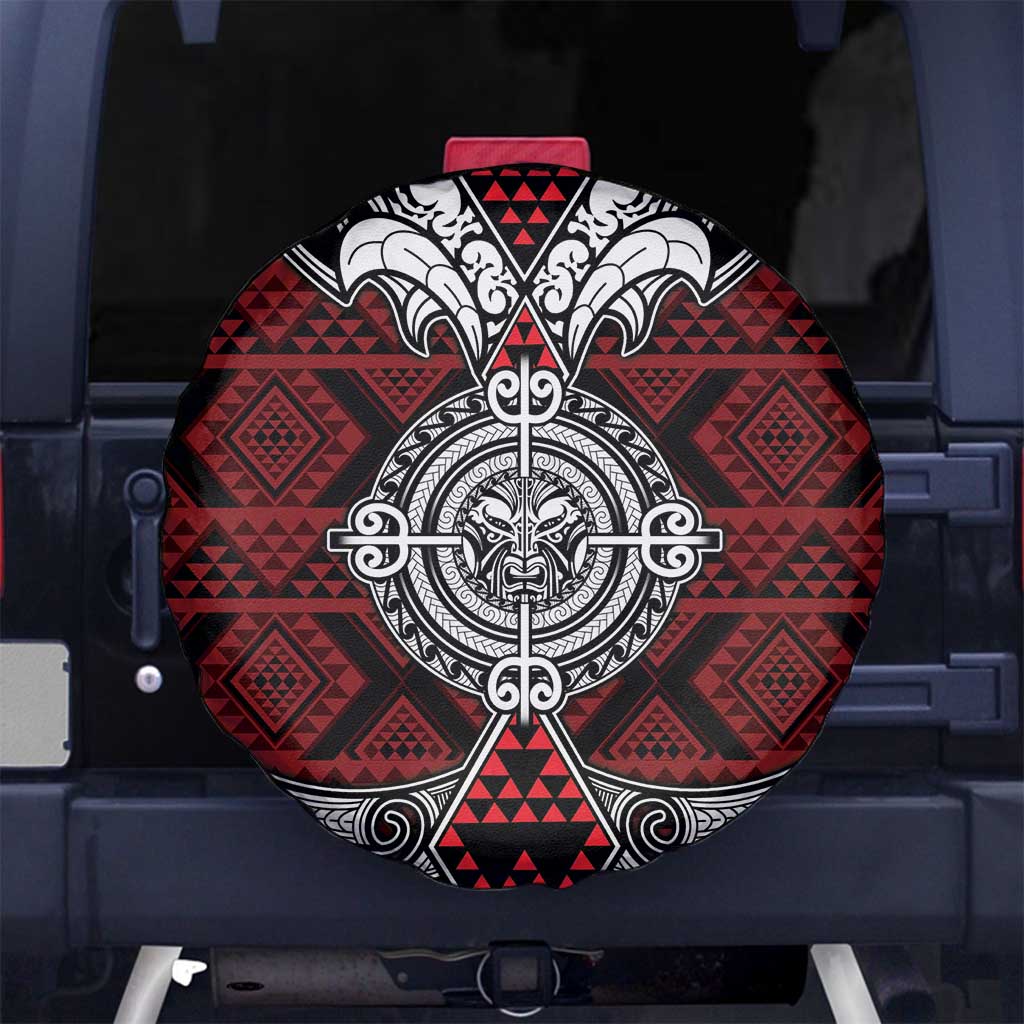 Red Aotearoa Taniko Motif Spare Tire Cover Vintage Maori New Zealand Tribal Art Pattern
