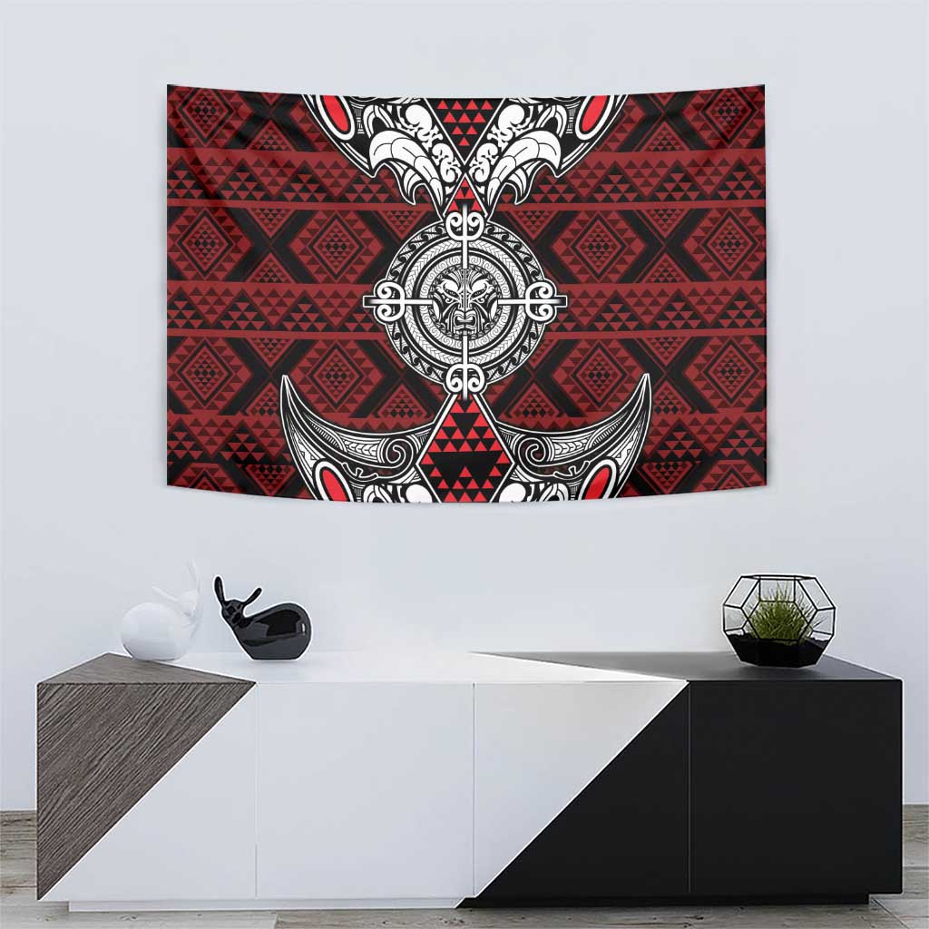 Red Aotearoa Taniko Motif Tapestry Vintage Maori New Zealand Tribal Art Pattern
