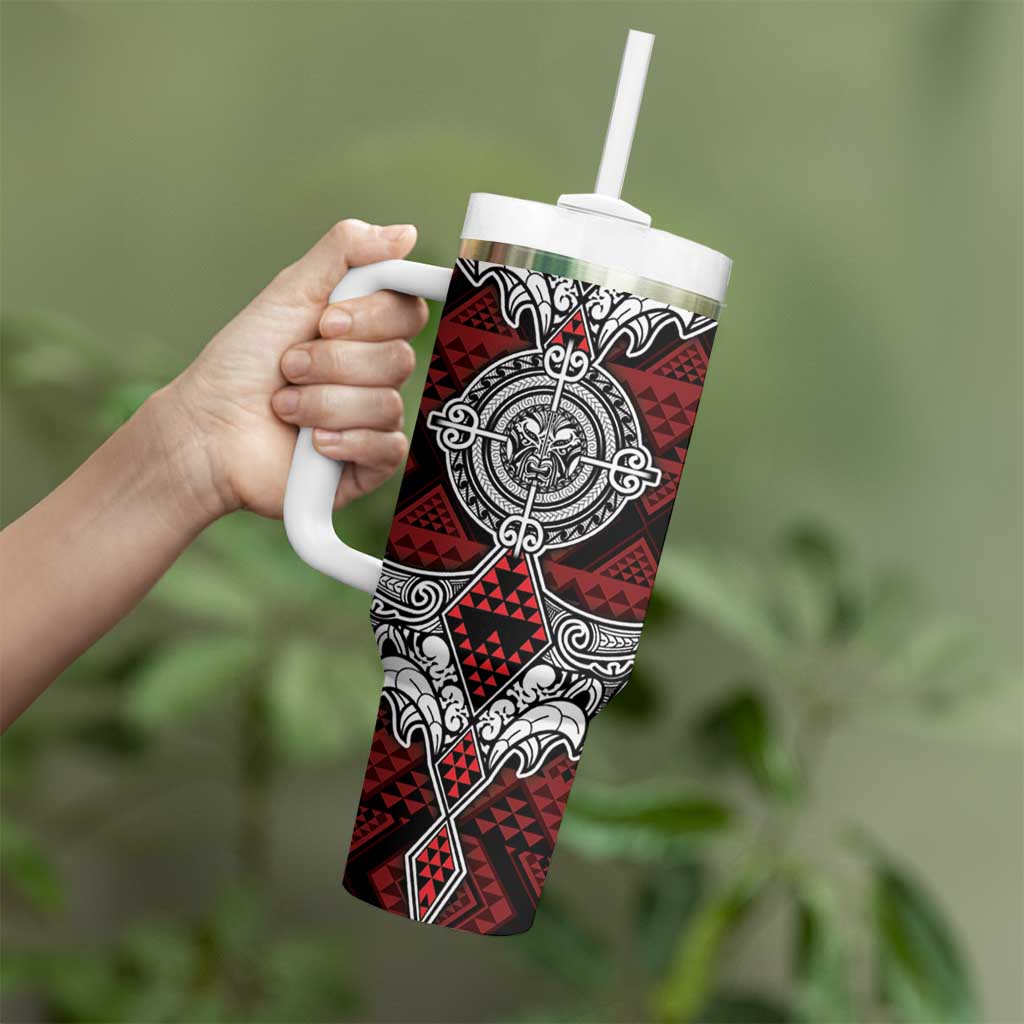 Red Aotearoa Taniko Motif Tumbler With Handle Vintage Maori New Zealand Tribal Art Pattern