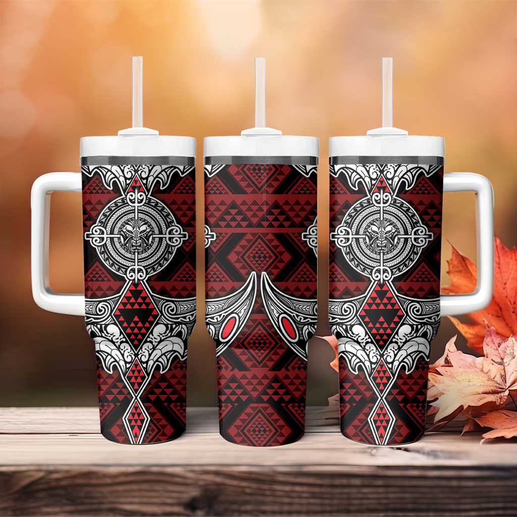 Red Aotearoa Taniko Motif Tumbler With Handle Vintage Maori New Zealand Tribal Art Pattern