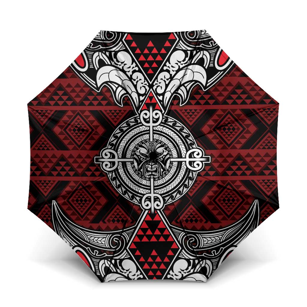 Red Aotearoa Taniko Motif Umbrella Vintage Maori New Zealand Tribal Art Pattern - Polynesian Pride