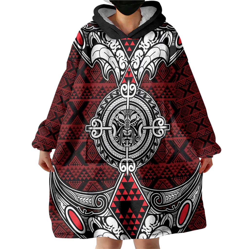 Red Aotearoa Tanilo Motif Wearable Blanket Hoodie Vintage Maori New Zealand Tribal Art Pattern LT9 - Polynesian Pride