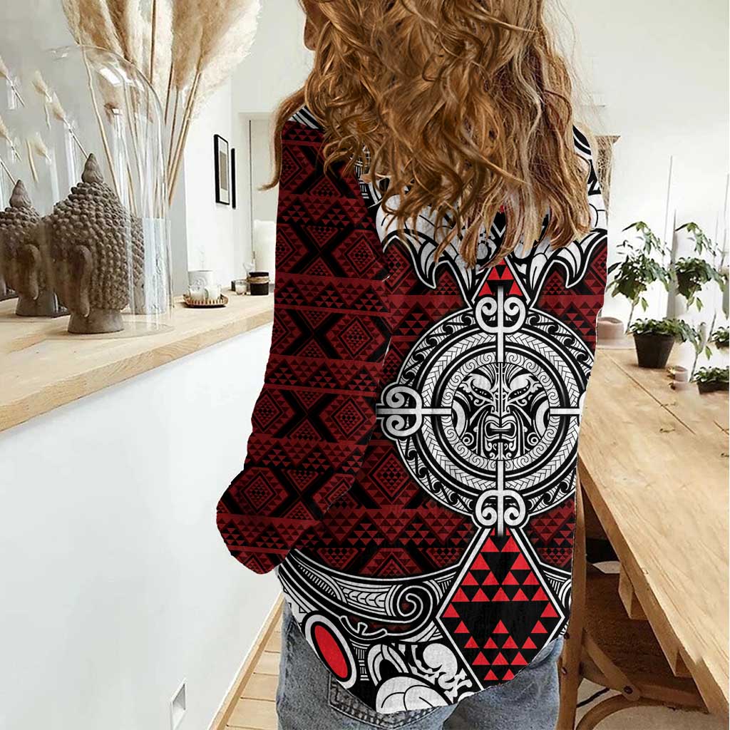 Red Aotearoa Tanilo Motif Women Casual Shirt Vintage Maori New Zealand Tribal Art Pattern