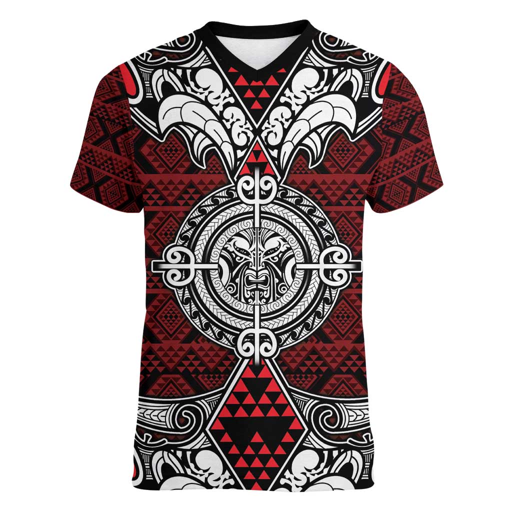Red Aotearoa Tanilo Motif Women V-Neck T-Shirt Vintage Maori New Zealand Tribal Art Pattern LT9 Female Red - Polynesian Pride